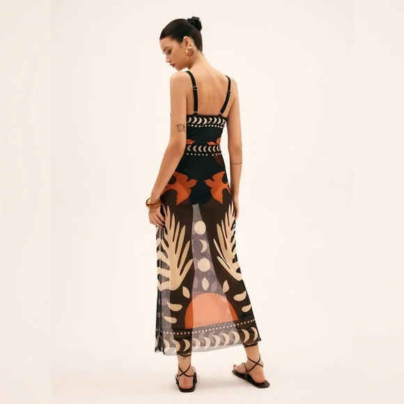 Chic Black Swim Suit with Bird Print Mesh Cover Up Maxi Skirt Size Small - Picture 4 of 4